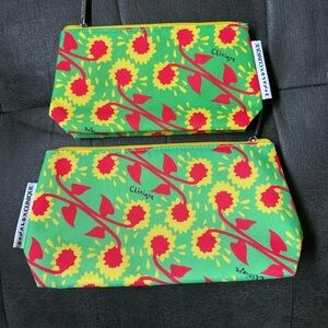 New set 2 Donald x Clinique Makeup Pouches Green with Yellow and Red Sunflowers